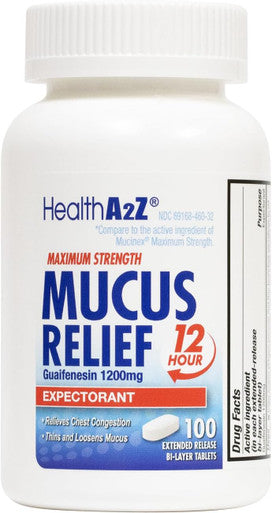 HealthA2Z Mucus Relief | Guaifenesin 1200 mg | 50 Tablets | 12 Hour | Expectorant | Relieves Chest Congestion | Thins and Loosens Mucus