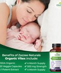 Zazzee Usda Organic Vitex, 500 Mg Strength, 120 Vegan Capsules, 4 Month Supply, Standardized And Concentrated 4X Extract, Whole