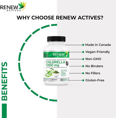 Renew Actives Organic Chlorella 1000 Mg Per Serving. Antioxidant And Immune System Support. Broken Cell Wall Algae For Enhanced Bio-Availability & Absorption. 120 Vegan Capsules.