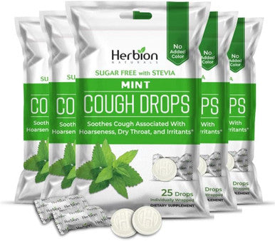 Herbion Naturals Cough Drops Sugar With Stevia Dietary Supplement Soothes Cough For Adults & Children Over 6 Years 25 Drops (125 Count (Pack Of 5) Mint)