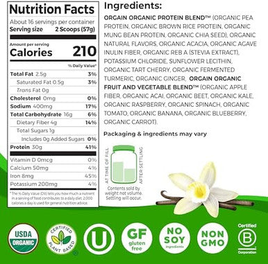 Orgain 30G High Protein Ready To Drink Shake Vanilla Bean 11 Fl Oz (Pack Of 12) + Orgain Organic 30G Vegan Protein Powder Vanilla 2.01 Lb (Packaging May Vary) Bundle