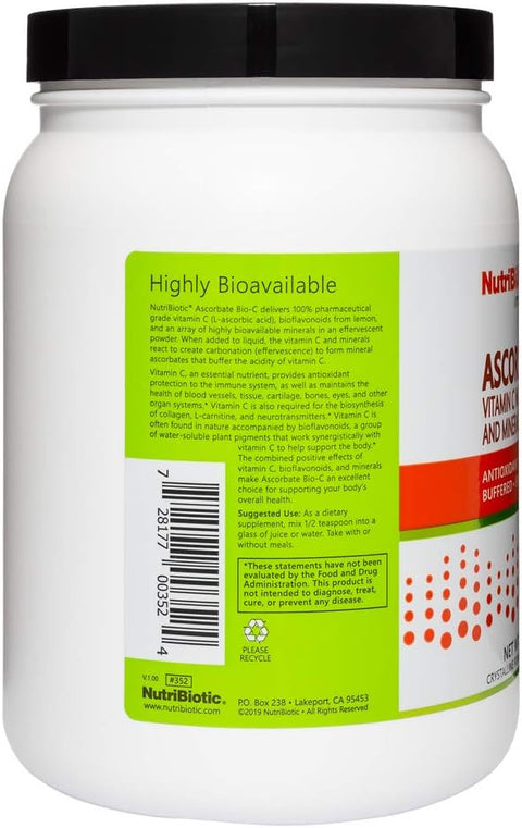 Nutribiotic - Ascorbate Bio-C 16 Oz Effervescent Vitamin C Powder With Lemon Bioflavonoids & Minerals Calcium Magnesium Zinc Selenium & More Bioavailable Antioxidant & Collagen Support Vegan