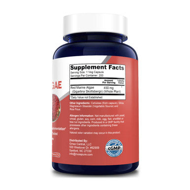 NusaPure Red Marine Algae 450mg 200 Vegetarian Capsules (Non-GMO & )