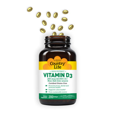 Country Life Vitamin D3 High Potency Non-Fish 10 000 Iu 200 Softgels Certified Gluten Free
