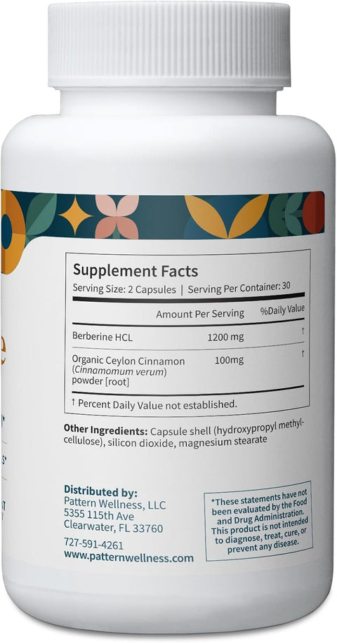 Pattern Wellness Berberine Supplement With Organic Ceylon Cinnamon Antioxidant & Metabolic Support Whole Body Wellness Non-Gmo 60 Vegan Capsules
