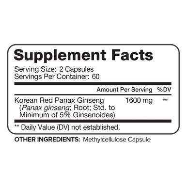 Nutrivein Pure Korean Red Panax Ginseng 1600mg - 120 Vegan Capsules - High Strength 5% Ginsenosides - Ginseng Root Extract Powder for Energy, Potency, Strength, Vigor and Focus for Men and Women