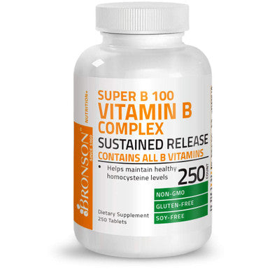 Bronson Vitamin B 100 Complex High Potency Sustained Release (Vitamin B1, B2, B3, B6, B9 - Folic , B12), 250 Tablets