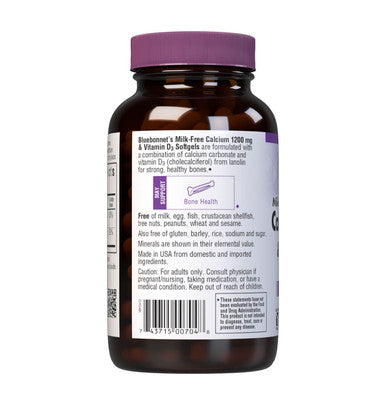 Bluebonnet Nutrition Milk-Free Calcium 1200 mg Plus Vitamin D3 400 IU - High Potency Maximum Absorption Strong Healthy Bones & Immune Health Support Supplement Gluten-Free Dairy-Free 120 Softgels