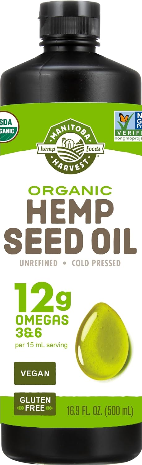 Manitoba Harvest Organic Hemp Seed Oil, 8.45 fl oz | Unrefined, Cold-Pressed, 12 g of Omegas 3 and 6 Per 15 mL Serving, USDA Organic, Non-GMO