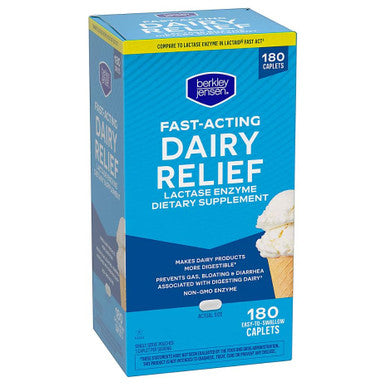 Berkley Jensen Maximum Strength Fast Acting Lactase Enzyme 9000 Fcc - Natural Dairy Relief Digestive Supplement - Helps Prevent Bloating Gas Loose Bowels Due To Lactose Intolerance 180 Tablets