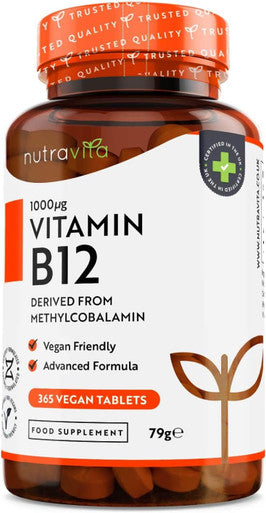 Vitamin B12 1000Mcg - 365 High Strength Vegan Tablets (1 Year Supply) - Max Strength B12 Supplement - Contributes To The Reduction Of Tiredness And Fatigue - Made In The Uk By Nutravita