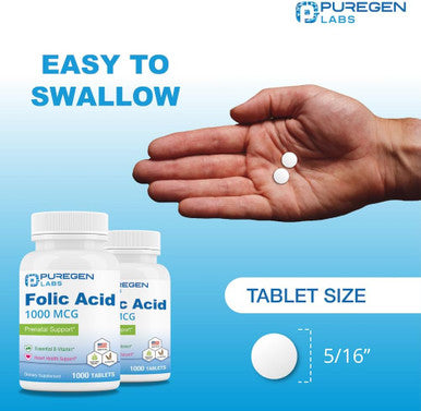 Puregen Labs Folic Acid 1000 Mcg Tablets Vitamin B9 Non-Gmo Gluten Made In Usa Value Size 1000 Tablets