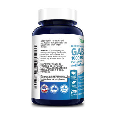 NusaPure GABA 1000 mg 240 Tablets (Vegan, Non-GMO & Gluten-Free) with Bioperine