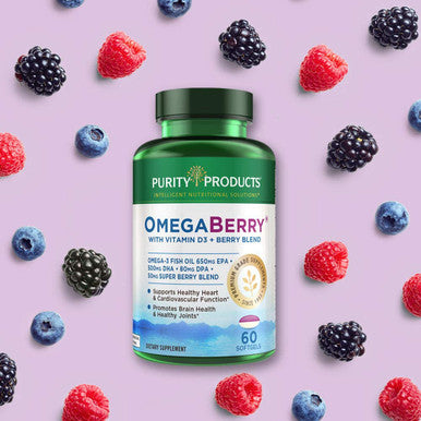 OmegaBerry Fish Oil with Vitamin D3 and Organic Acai 1250mg Concentrated Molecularly Distilled Ultra Pure Omega3 Fish Oil 500mg DHA 650mg EPA 60 Soft Gels 30 Day Supply from Purity Products