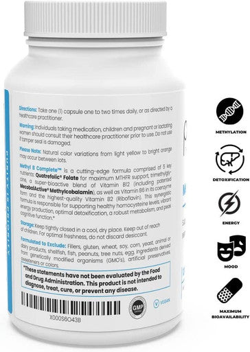 Methyl B Complete 120 Vegetable Capsules B Vitamin Supplement for Optimal Methylation Support with Quatrefolic 5MTHF Active Folate Methylated B12 Coenzyme B2 B6 TMG Non GMO Lab Tested