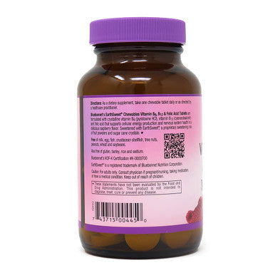 Bluebonnet Nutrition Earth Sweet Vitamin B6, B12, Plus Folic Acid Chewable Tablets, Vegan, Vegetarian, Gluten Free, Soy Free, Milk Free, Kosher, 60 Chewable Tablets, Raspberry Flavor