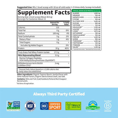 Garden of Life Sport Whey Protein Powder Vanilla Flavor 20G Plus Marine Collagen Peptides & Msm For Women And Men Optimum Amino Energy Younger Healthier Looking Skin - Grass Fed About 15 Servings
