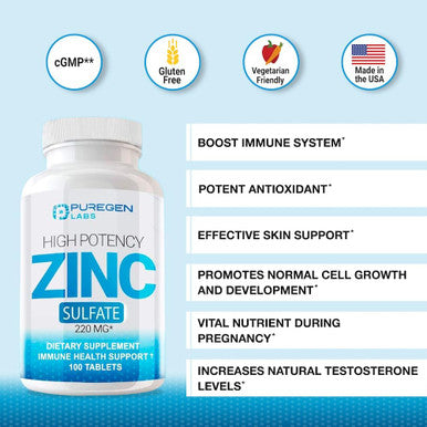 P Puregen Labs Zinc 220Mg [High Potency] Supplement Zinc Sulfate For Immune Support System 100 Tablets