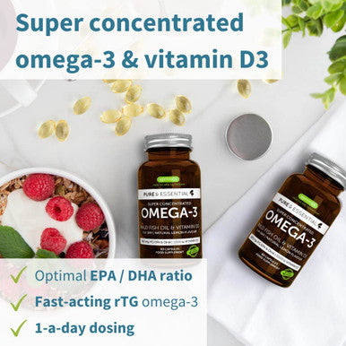 Pure & Essential Omega-3 & D3 1000iu, Fast-Acting rTG, Support Eyes, Heart & Brain Function, 1-a-Day, Highly Concentrated EPA & DHA Wild Fish Oil, Non-GMO (1) (Pack of 2)