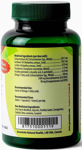 Greeniche Natural Omega-3 Supplement 30 Capsules Source of Omega-3 Fatty Acids DHA/EPA Plant Based Formula One Capsule a day 100% vegetarian Gluten NON-GMO Halal & Kosher