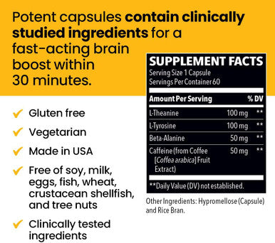 Neuroq Quick Thinking Supplement Pills - Boosts Alertness + Supports Mental Focus & Concentration - L-Theanine, Caffeine, L-Tyrosine & Beta-Alanine - 60 Capsules