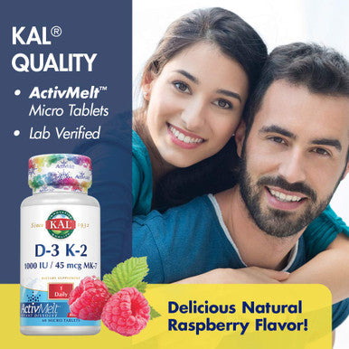 Kal 1000 Iu D-3 & K2 Tablets, Raspberry, 60 Count (Pack of 1)