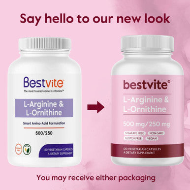 Bestvite L-Arginine L-Ornithine 500-250 (240 Vegetarian Capsules) (120 x 2) - No Stearates - No Fillers - Vegan - Non GMO - Gluten - No Calcium Silicate