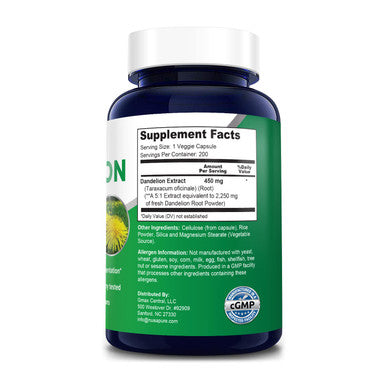 NusaPure Dandelion Extract 2,250mg 200 Veggie Capsules (Non-GMO, Extract 5:1 & )