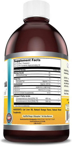 Amazing Nutrition Omega Norwegian Cod Liver Oil 16 Oz 473 ml Supplement | Orange Flavor | Non-GMO | Gluten