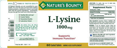 Nature's Bounty L-Lysine 1000 Mg Tablets 60 Count(Pack Of 4)