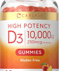 Carlyle Vitamin D3 Gummies | 10000 iu | 80 Count | Peach Flavored Gummy | High Potency for Women & Men |Vegetarian Non-GMO Gluten Supplement