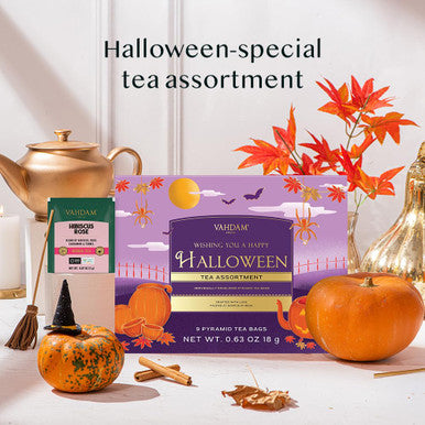 Vahdam Limited Edition Halloween Tea Basket | 9 Premium Variety Pyramid Tea Bags | Halloween s for Women Men and Adults I Tea Set