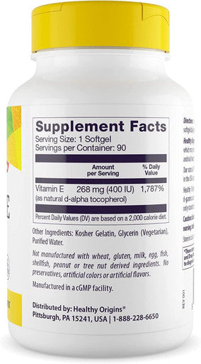 Healthy Origins Natural Vitamin E 400iu 180 Softgels | E-400 iu as d-alpha Tocopherol plus Tocopherols | Maintenance of the Immune System, Normal Vision and Skin | Protects Cells from Oxidative Stress