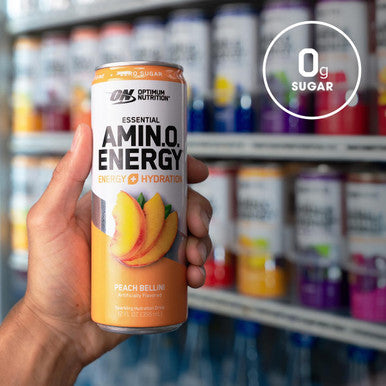 Optimum Nutrition Amino Energy Drink + Electrolytes For Hydration - Sugar Free Amino Acids Bcaa Keto Friendly Sparkling Drink - Peach Bellini Pack Of 12 (Packaging May Vary)