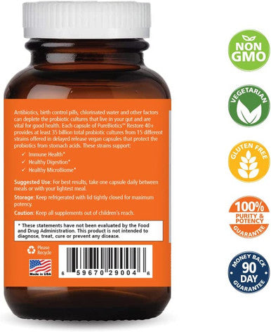 Pure Essence Labs PureBiotics Restore 40+ Probiotic Supplement - Supports Immune & Digestive Health - Dairy & Gluten Free - 15 Probiotic Strains - 35 Billion CTU - Adults Natural Probiotics (60 Caps)