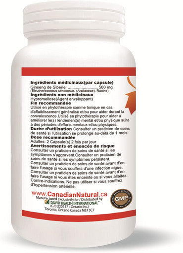 Siberian Eleuthero | 500mg Siberian Ginseng Root Powder | 120 Vegan capsules | Traditional Herbal Supplement for Adaptogen | Reduction of Stress & Fatigue | Made in Canada