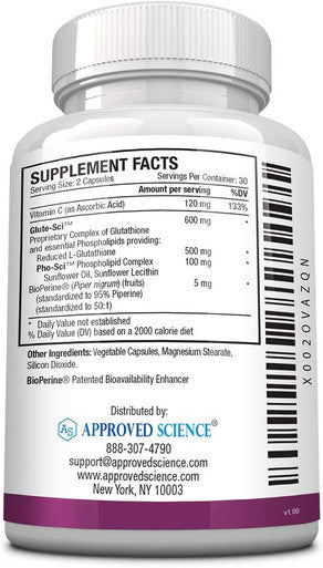 Approved ScienceGlutathione Glutathione 500 mg Phospholipid Complex Vitamin C Bioperine Top Antioxidant to Help Neutralize Free Radical Vegan Friendly 60 Capsules 1 Bottle