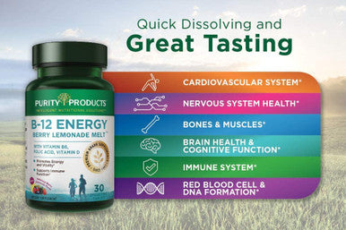 B12 Energy Berry Lemonade Melt w/ Super Fruits by Purity Products Methylcobalamin B12 Vitamins B6 D3 Folic Acid and Biotin High Absorption MecobalActive B 12 30 Melting Tablets