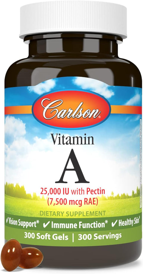 Carlson Vitamin A 25000 IU (7500 mcg RAE) with Pectin Vision Health Helps Night Vision Skin Health 300 Softgels
