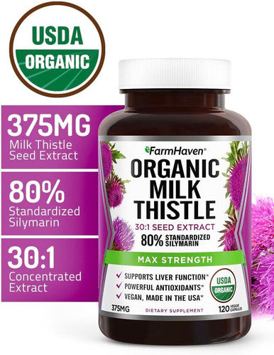 Farmhaven Usda Organic Milk Thistle Capsules 30X Concentrated Seed Extract & 80% Silymarin Standardized - Supports Liver Function And Overall Health Non-Gmo 120 Veggie Capsules