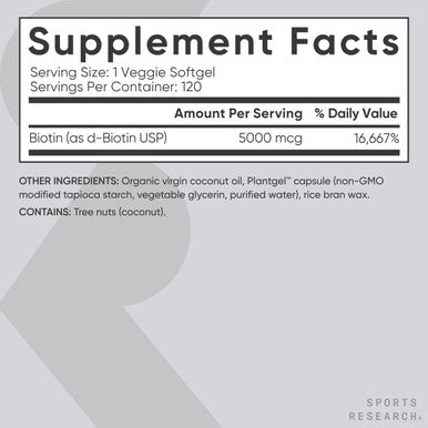 Sports Research Vegan Biotin 5000Mcg With Organic Coconut Oil - Extra Strength Biotin Vitamin B7 For Healthier Hair & Skin + Keratin Support - Non-Gmo & Gluten Free, 120 Softgels (4 Month Supply)