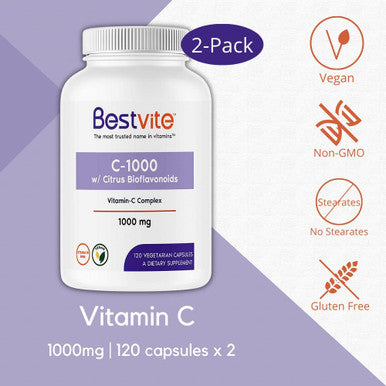 Vitamin C 1000mg (240 Vegetarian Capsules) (120 x 2) with Citrus Bioflavinoids - No Stearates - Vegan - Non GMO - Gluten Free