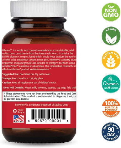 Pure Essence Labs Whole-C Whole Food Vitamin C - Best Immune Support - Organic & Nature Vitamins - Immunity Booster & Dietary Supplements (30 Tablets)