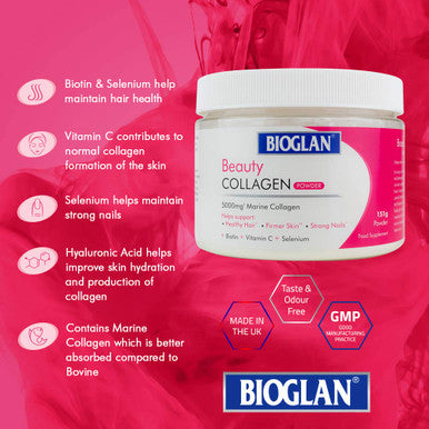 Bioglan Collagen | 5000mg Marine Collagen Powder | Helps Support Healthy Looking Skin, Hair, Nails | Biotin | Vitamin C | Selenium | Hyaluronic Acid | 151g