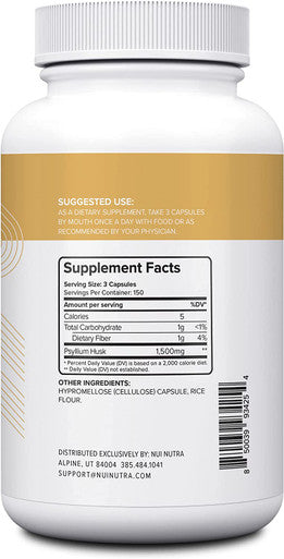 Nui Nutra Psyllium Husk Supplement | 1500mg | 450 Capsules | Soluble Fiber Capsules | Digestive Support Pills | Heart & Intestine Health | Non-GMO and Gluten Free | for Men & Women