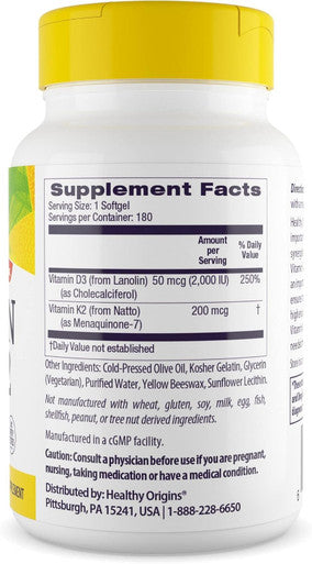 Healthy Origins Vitamin D3 & K2, 50 Mcg (2, 000 IU)/K2 200 Mcg, Softgels, 180 Count (Pack of 1)