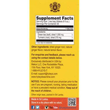 Hyleys Turmeric with Green Tea Ginger & Lemon Flavor - Natural Antioxidant Blend - 25 Tea Bags