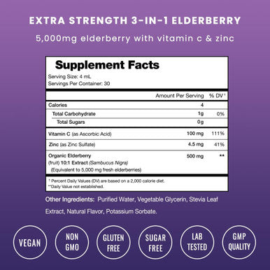 Organic Elderberry Syrup - 5000Mg Elderberry Extract With Vitamin C & Zinc - Black Elderberry Liquid Drops - Sugar-Immunity Booster For Adults & Kids - Vegan Gluten-Elderberry Supplement