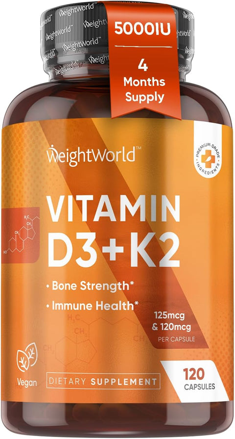 WeightWorld D3 Vitamin 4000 IU + K2 (MK7) 125mcg 240 Tablets Bones Muscle Immune Support and Calcium Absorption PlantBased Vegan Vitamin D3 K2 D3 and K2 Supplements Gluten Free NonGMO