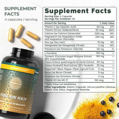 Calcium Carbonate Bone Health Complex By Primal Harvest For Men And Women With Calcium, Magnesium, Zinc, Manganese, Potassium, And L-Carnitine